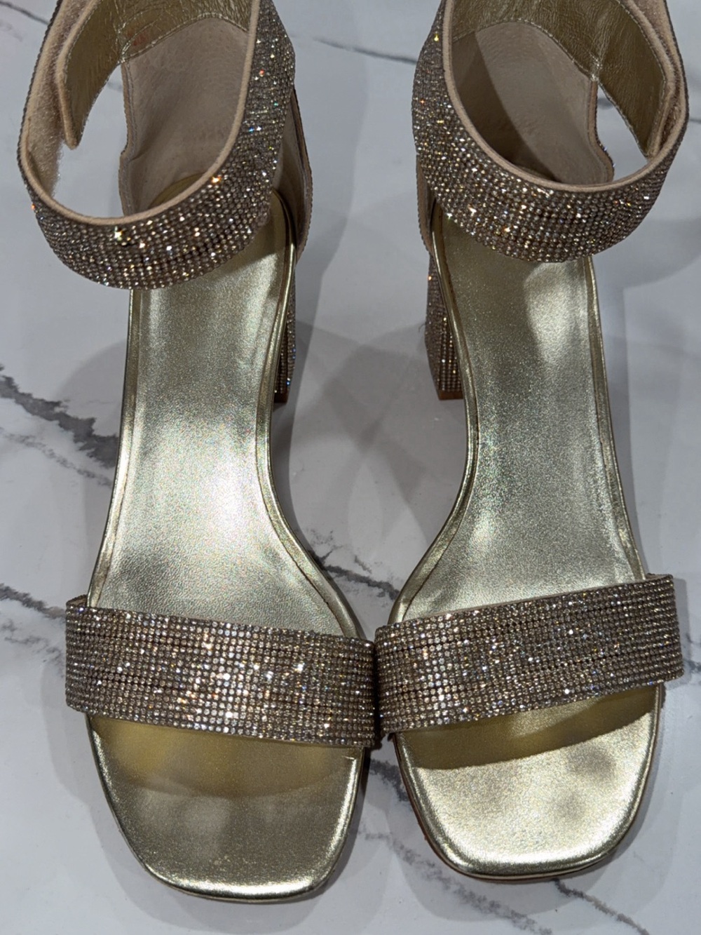Sparkling Gold Crystal Strap Block Heel Sandals - Women - Picture 1 of 6